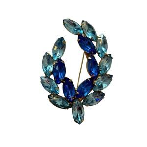 JULIANA D&E Aqua Deep Blue Glass Baguette Rhinestones Leaf Brooch Pin Vintage